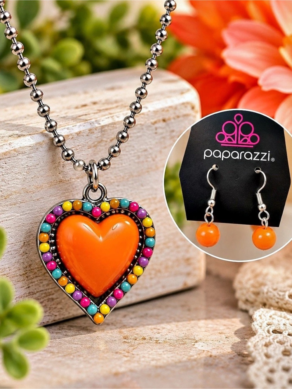 Paparazzi Romantic Ragtime - Orange Heart Pendant Necklace Set